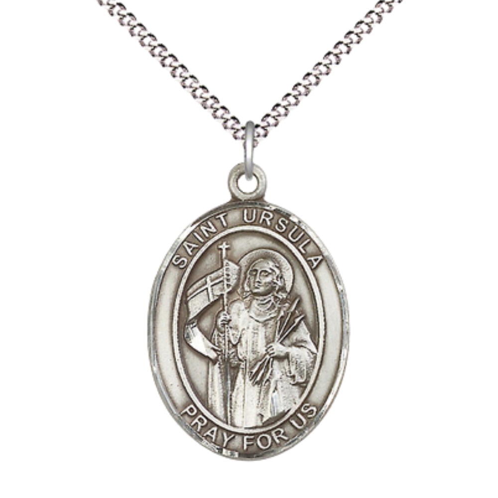 Women's Pewter Saint Ursula Medal Pendant on 18 Inch Rhodium Plated Lite Curb Brass Chain w/Lobster Claw Clasp,Catholic Religious Necklace -Made in USA- Deluxe Velvet Gift Box