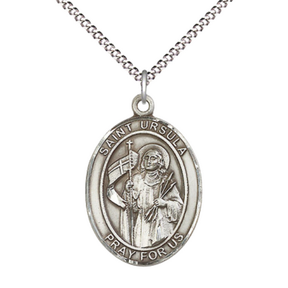 Women's Pewter Saint Ursula Medal Pendant on 18 Inch Rhodium Plated Lite Curb Brass Chain w/Lobster Claw Clasp,Catholic Religious Necklace -Made in USA- Deluxe Velvet Gift Box