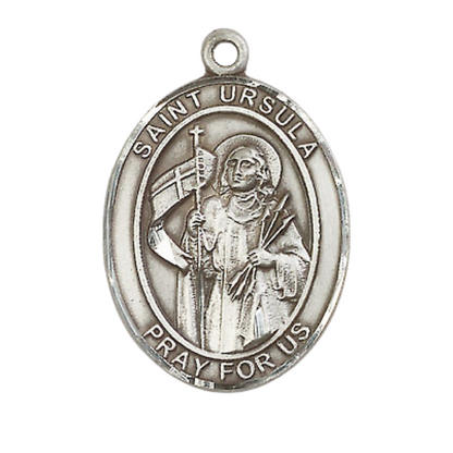 Women's Pewter Saint Ursula Medal Pendant on 18 Inch Rhodium Plated Lite Curb Brass Chain w/Lobster Claw Clasp,Catholic Religious Necklace -Made in USA- Deluxe Velvet Gift Box