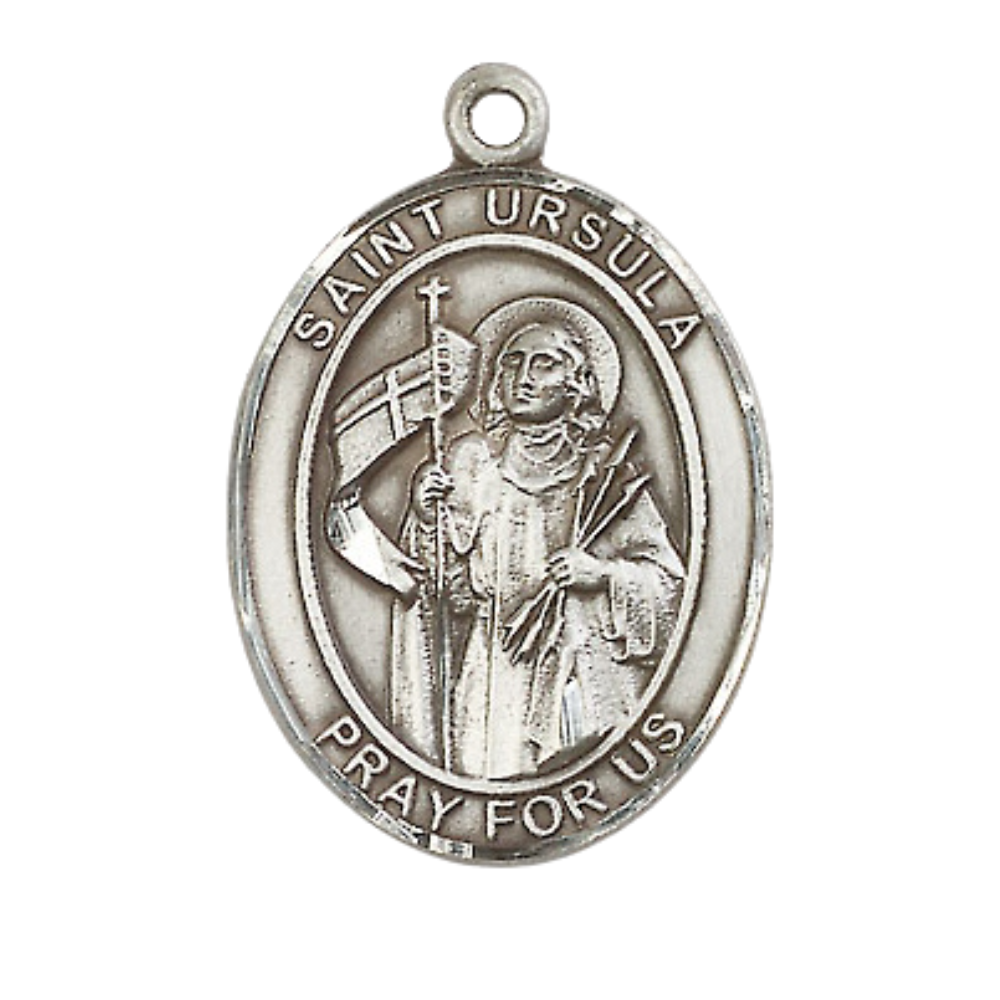 Women's .925 Sterling Silver Saint St. Ursula Medal Pendant on 18 Inch Rhodium Plated Lite Curb Brass Chain w/ Lobster Claw Clasp, Catholic Religious Necklace - Made in USA- Deluxe Velvet Gift Box