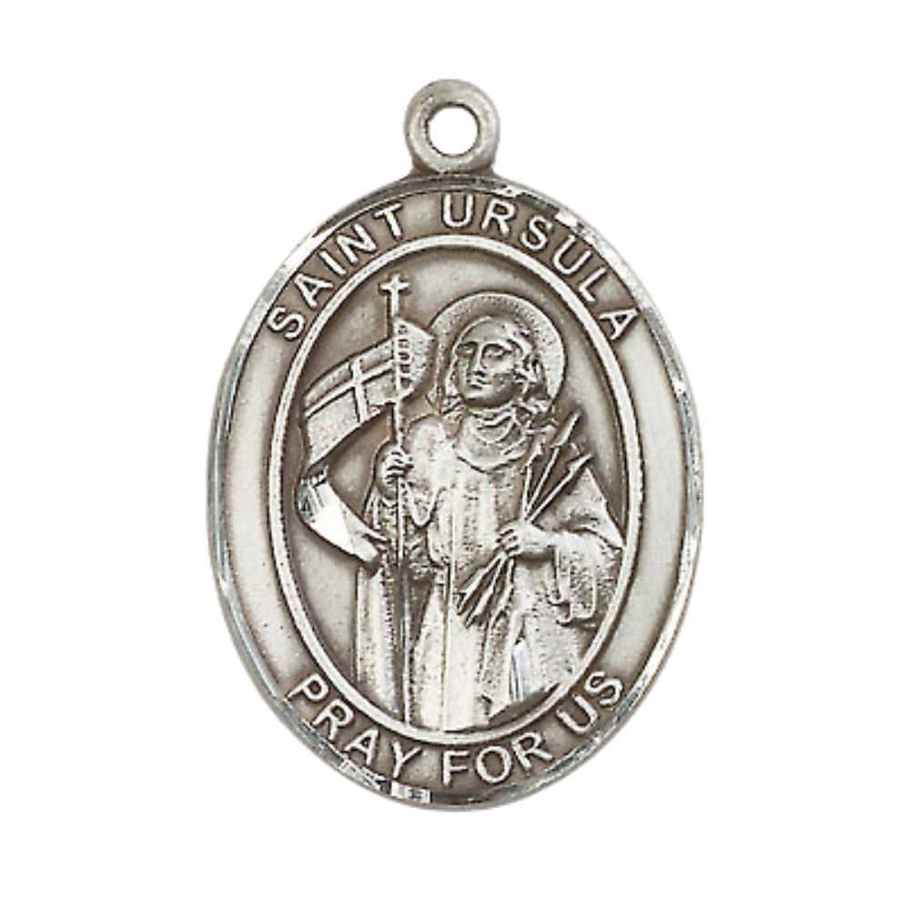 Mens 1 x 3/4" Oval Pewter Saint St. Ursula Medal Pendant on 24 Inch Rhodium Plated Heavy Curb Brass Chain with Lobster Claw clasp, Catholic Religious Necklace - Made in USA - Deluxe Velvet Gift Box