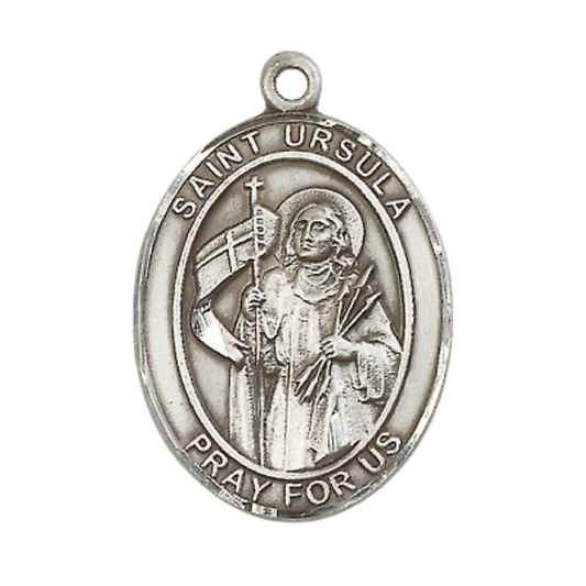 Mens Oval .925 Sterling Silver Saint St. Ursula Medal Pendant on 24 Inch Rhodium Plated Heavy Curb Brass Chain with Lobster Claw clasp, Catholic Religious Necklace - Made in USA- Velvet Gift Box