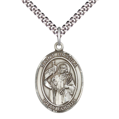 Saint St. Ursula Men's Medal Necklace – 24 Inch Endless Light Rhodium Plated Heavy Curb Chain – Patron Saint St. of Catholic Education – Elegant Catholic Religious Jewelry in Velvet Gift Box
