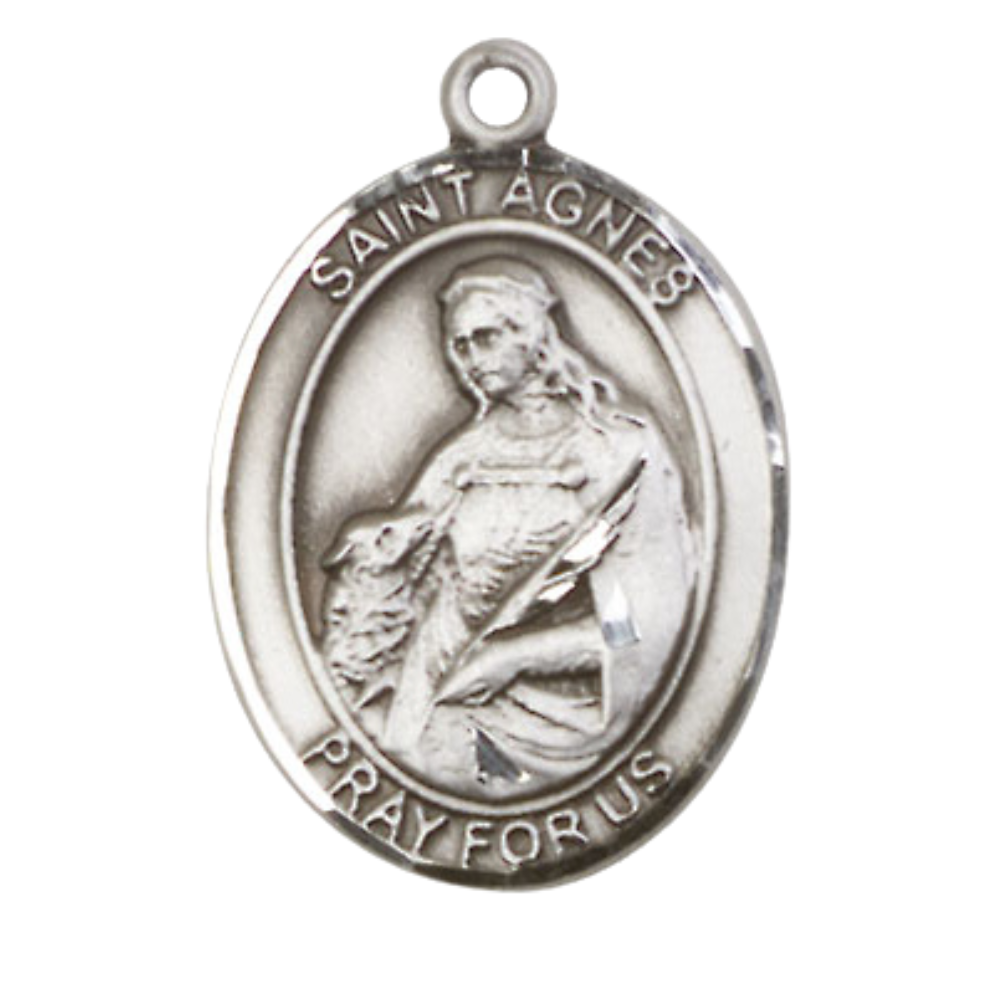 Women's Pewter Saint St. Agnes of Rome Large Medal Pendant on 18 Inch Rhodium Plated Lite Curb Brass Chain with Lobster Claw Clasp, Catholic Religious Necklace - Made in USA- Deluxe Velvet Gift Box