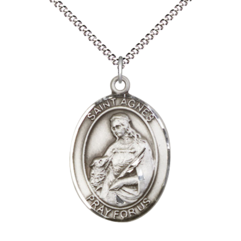 Women's .925 Sterling Silver Saint St. Agnes of Rome Large Medal Pendant on 18 Inch Rhodium Plated Lite Curb Brass Chain with Lobster Claw Clasp, Catholic Religious Necklace - Made in USA- Velvet Gift Box