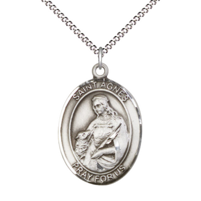Women's .925 Sterling Silver Saint St. Agnes of Rome Large Medal Pendant on 18 Inch Rhodium Plated Lite Curb Brass Chain with Lobster Claw Clasp, Catholic Religious Necklace - Made in USA- Velvet Gift Box