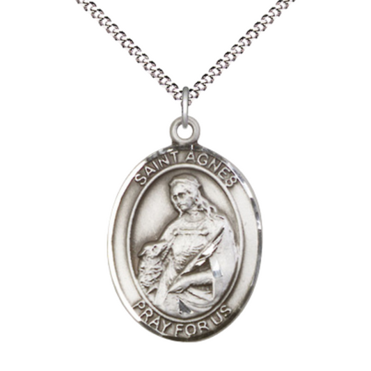 Women's Pewter Saint St. Agnes of Rome Large Medal Pendant on 18 Inch Rhodium Plated Lite Curb Brass Chain with Lobster Claw Clasp, Catholic Religious Necklace - Made in USA- Deluxe Velvet Gift Box