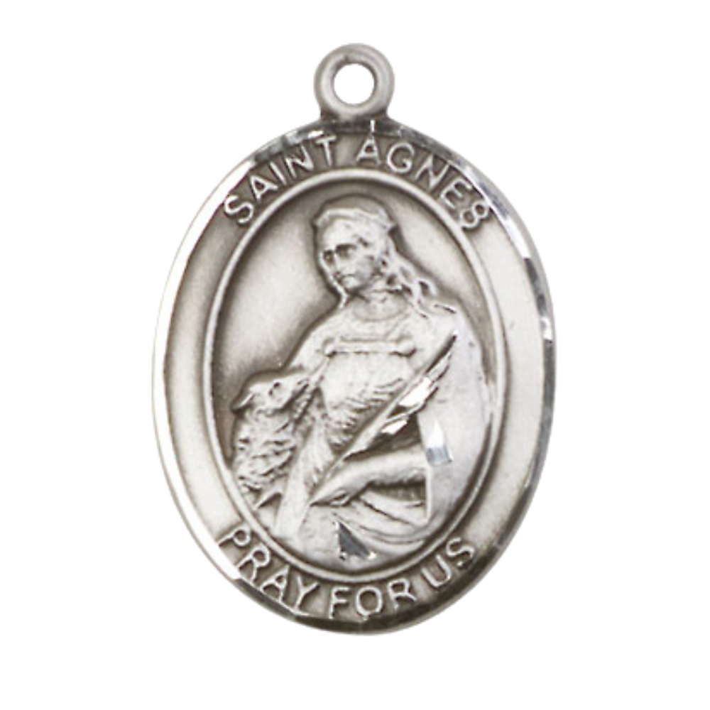 Mens 1 x 3/4" Oval Pewter Saint St. Agnes of Rome Medal Pendant on 24 Inch Rhodium Plated Heavy Curb Brass Chain with Lobster Claw clasp, Catholic Religious Necklace - Made in USA- Velvet Gift Box