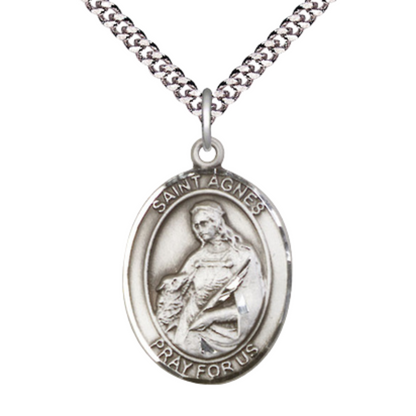 Mens 1 x 3/4" Oval Pewter Saint St. Agnes of Rome Medal Pendant on 24 Inch Rhodium Plated Heavy Curb Brass Chain with Lobster Claw clasp, Catholic Religious Necklace - Made in USA- Velvet Gift Box