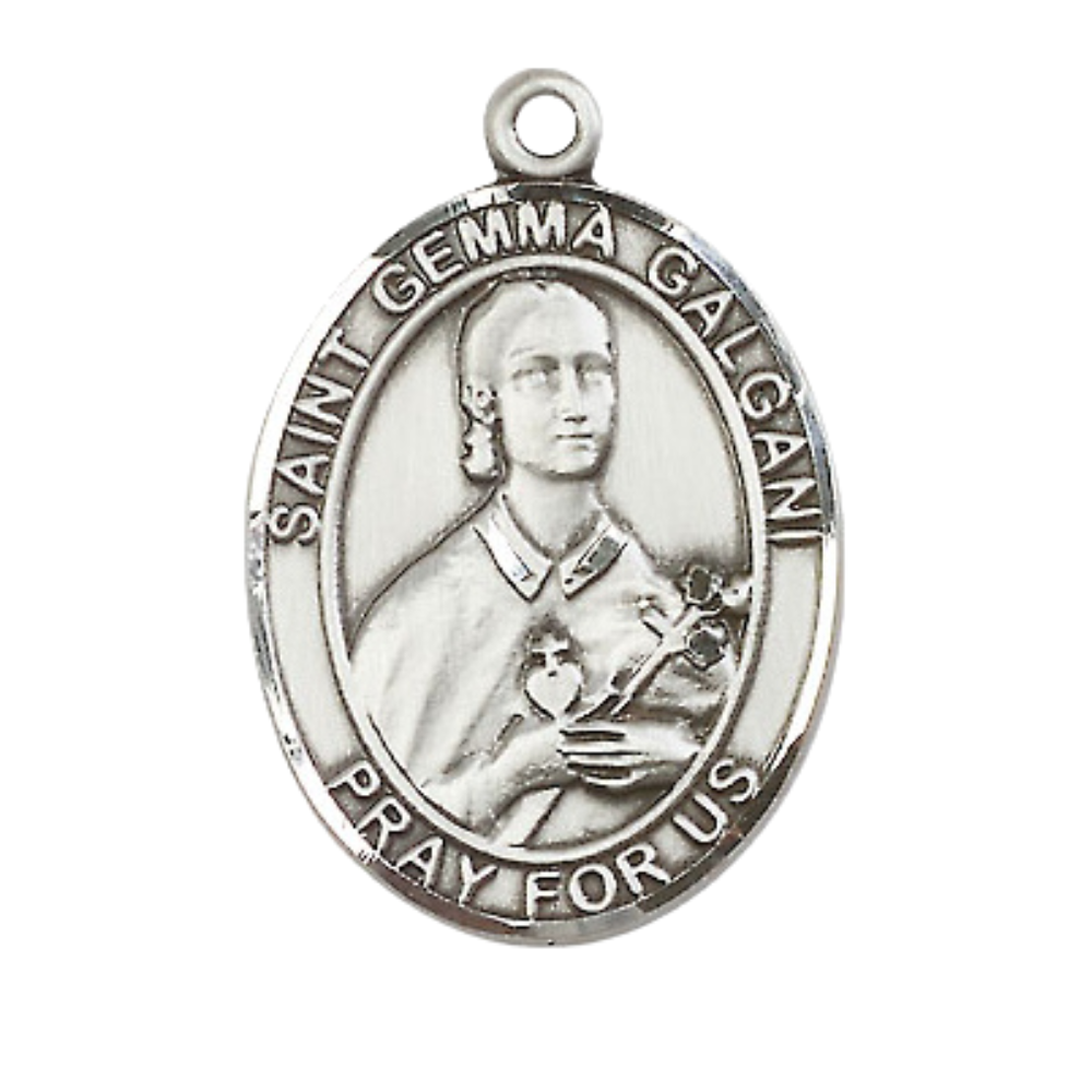 Women's Pewter Saint St. Gemma Galgani Medal Pendant on 18 Inch Rhodium Plated Lite Curb Brass Chain w/ Lobster Claw Clasp, Catholic Religious Necklace - Made in USA- Deluxe Velvet Gift Box