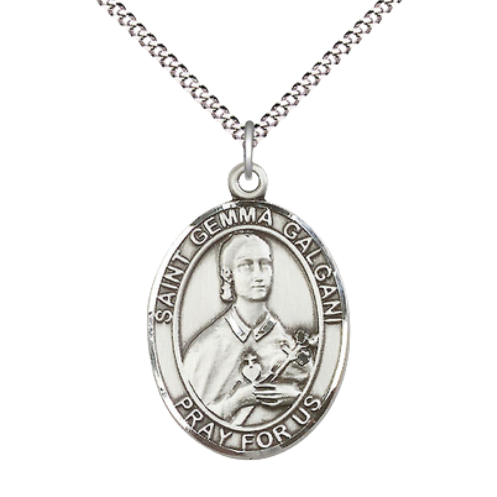 Women's Pewter Saint St. Gemma Galgani Medal Pendant on 18 Inch Rhodium Plated Lite Curb Brass Chain w/ Lobster Claw Clasp, Catholic Religious Necklace - Made in USA- Deluxe Velvet Gift Box
