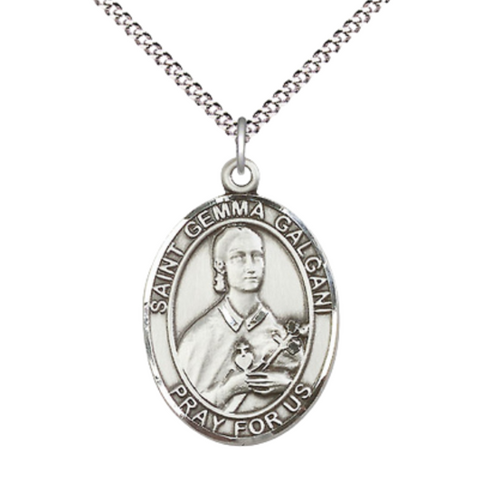 Women's Pewter Saint St. Gemma Galgani Medal Pendant on 18 Inch Rhodium Plated Lite Curb Brass Chain w/ Lobster Claw Clasp, Catholic Religious Necklace - Made in USA- Deluxe Velvet Gift Box