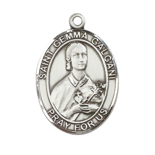 Mens .925 Sterling Silver Saint St. Gemma Galgani Medal Pendant on 24 Inch Rhodium Plated Heavy Curb Brass Chain with Lobster Claw clasp, Catholic Religious Necklace - Made in USA- Velvet Gift Box