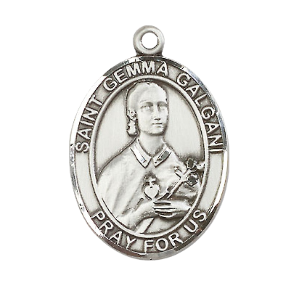 Mens 1 x 3/4" Oval Pewter Saint St. Gemma Galgani Medal Pendant on 24 Inch Rhodium Plated Heavy Curb Brass Chain with Lobster Claw clasp, Catholic Religious Necklace - Made in USA- Velvet Gift Box