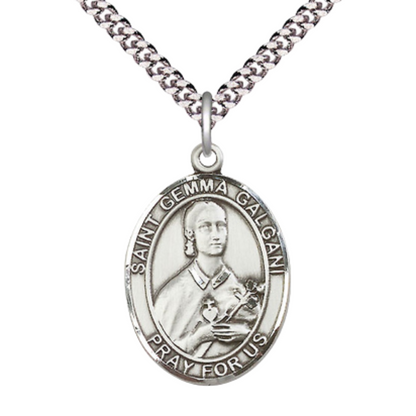 Saint Gemma Galgani Medal Necklace– Men's Pewter Pendant on 24” Light Endless Rhodium Plated Chain – Catholic Patron Saint of Pharmacists – Velvet Gift Box Included