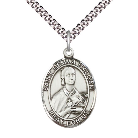 Mens 1 x 3/4" Oval Pewter Saint St. Gemma Galgani Medal Pendant on 24 Inch Rhodium Plated Heavy Curb Brass Chain with Lobster Claw clasp, Catholic Religious Necklace - Made in USA- Velvet Gift Box