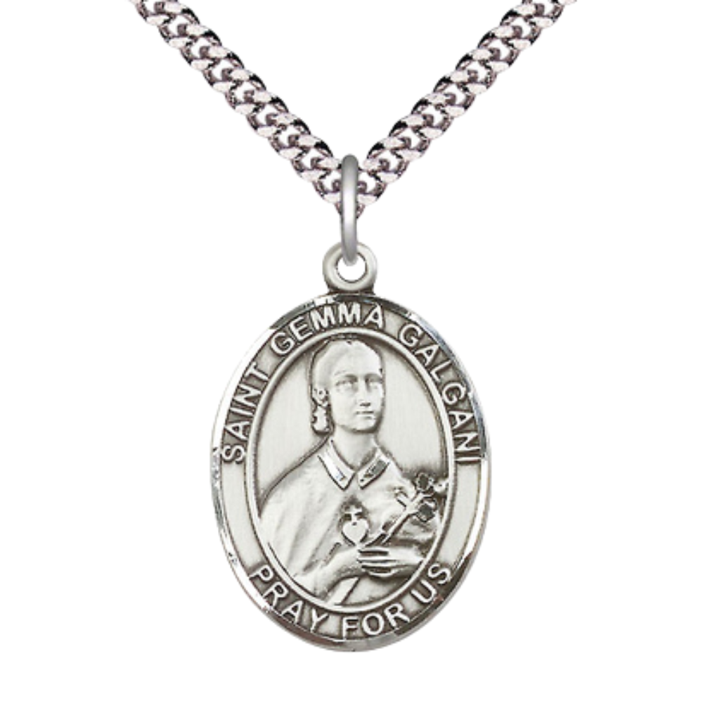 Saint Gemma Galgani Medal Necklace– Men's Sterling Silver Pendant on 24” Light Rhodium Plated Heavy Curb Chain – Catholic Patron Saint of Pharmacists – Velvet Gift Box Included
