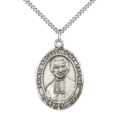 Pewter Saint St. Marcellin Champagnat Medal Pendant on 18 Inch Rhodium Plated Lite Curb Brass Chain w/ Lobster Claw Clasp, Catholic Religious Necklace - Made in USA- Deluxe Velvet Gift Box