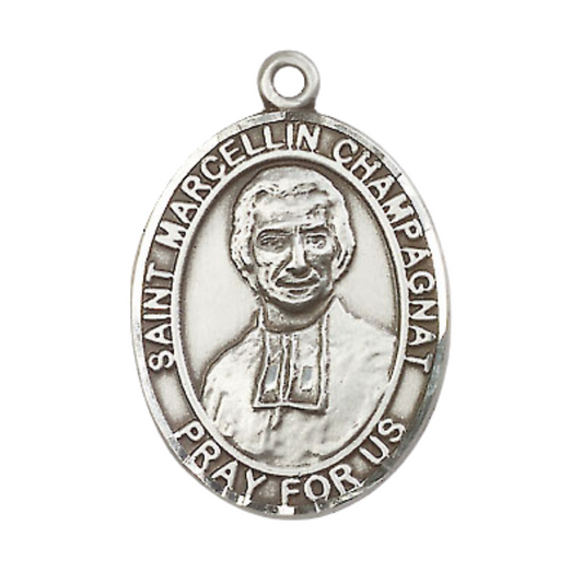 Mens .925 Sterling Silver Saint St. Marcellin Champagnat Medal Pendant on 24 Inch Rhodium Plated Heavy Curb Brass Chain w/ Lobster Claw clasp, Catholic Religious Necklace - Made in USA- Velvet Gift Box