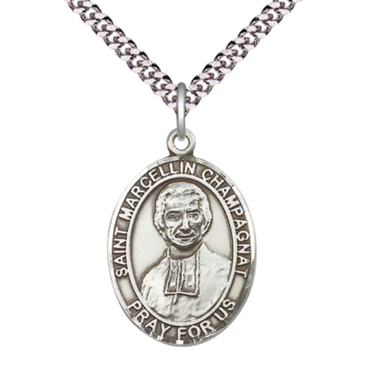 Saint St. Marcellin Champagnat Medal Necklace – 24 Inch Endless Light Endless Rhodium Plated Chain – Elegant Catholic Religious Jewelry in Velvet Gift Box