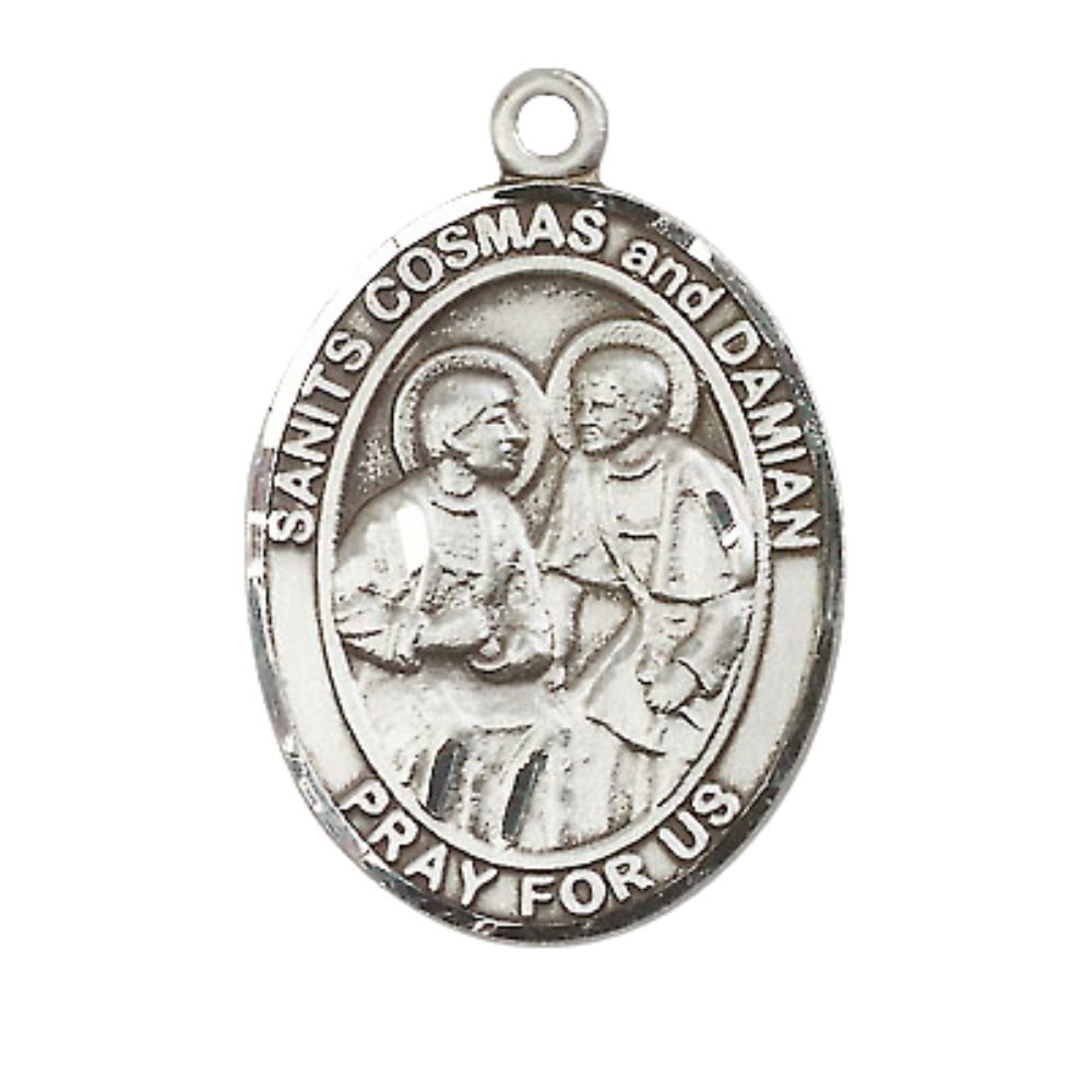 Women's .925 Sterling Silver Saint St. s Cosmas & Damian Medal Pendant on 18 Inch Rhodium Plated Lite Curb Brass Chain w/ Lobster Claw Clasp, Catholic Religious Necklace - Made in USA- Deluxe Velvet Gift Box