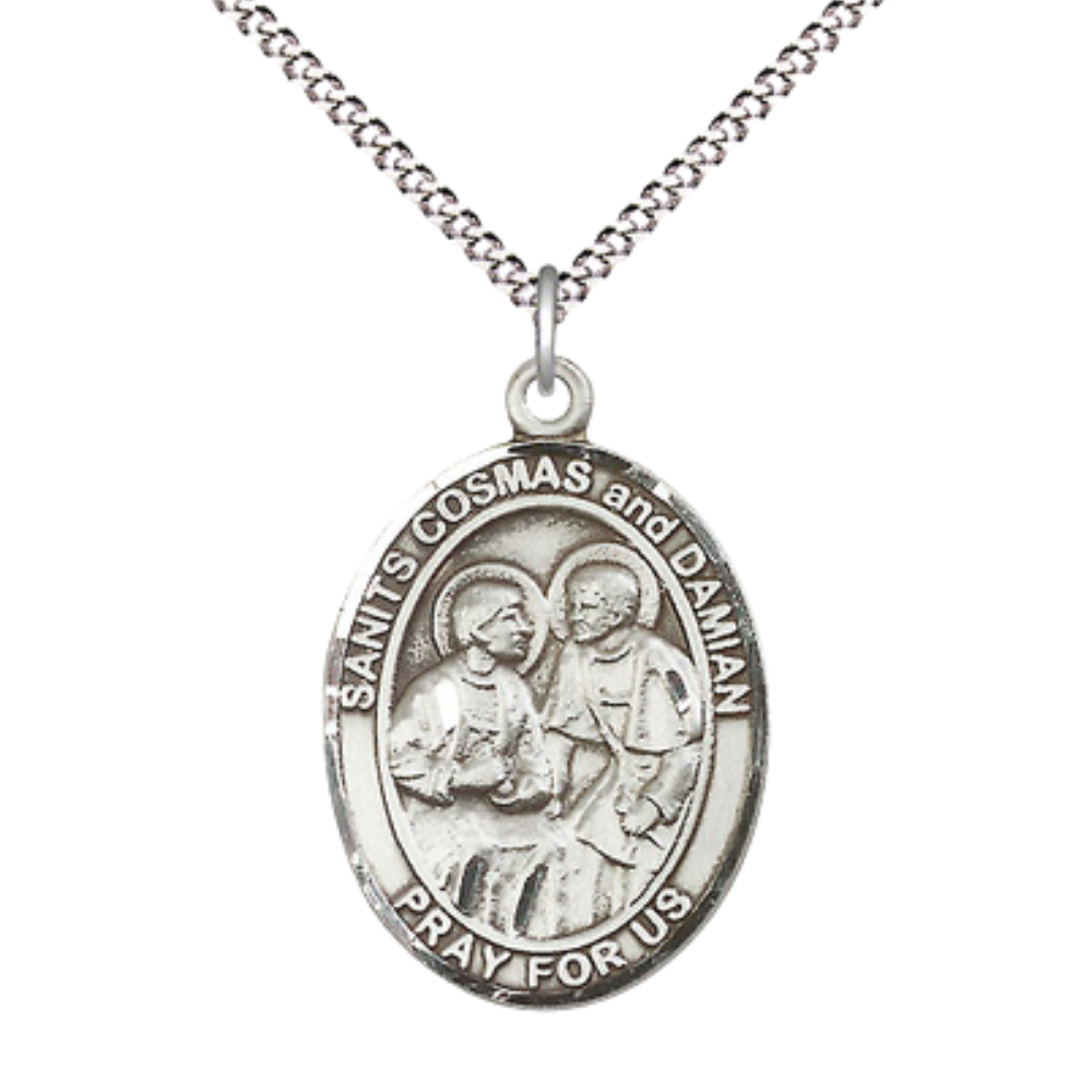 Women's .925 Sterling Silver Saint St. s Cosmas & Damian Medal Pendant on 18 Inch Rhodium Plated Lite Curb Brass Chain w/ Lobster Claw Clasp, Catholic Religious Necklace - Made in USA- Deluxe Velvet Gift Box