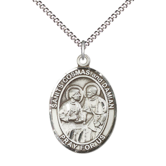 Women's Pewter Saint St. s Cosmas & Damian Medal Pendant on 18 Inch Rhodium Plated Lite Curb Brass Chain w/ Lobster Claw Clasp, Catholic Religious Necklace - Made in USA- Deluxe Velvet Gift Box