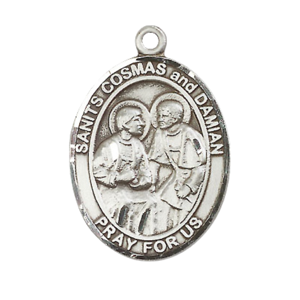 Mens Oval Pewter Saint St. s Cosmas & Damian Medal Pendant on 24 Inch Rhodium Plated Heavy Curb Brass Chain with Lobster Claw clasp, Catholic Religious Necklace - Made in USA - Deluxe Velvet Gift Box
