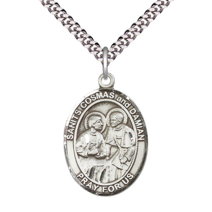 Mens Oval Pewter Saint St. s Cosmas & Damian Medal Pendant on 24 Inch Rhodium Plated Heavy Curb Brass Chain with Lobster Claw clasp, Catholic Religious Necklace - Made in USA - Deluxe Velvet Gift Box