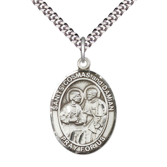 Mens Oval Pewter Saint St. s Cosmas & Damian Medal Pendant on 24 Inch Rhodium Plated Heavy Curb Brass Chain with Lobster Claw clasp, Catholic Religious Necklace - Made in USA - Deluxe Velvet Gift Box