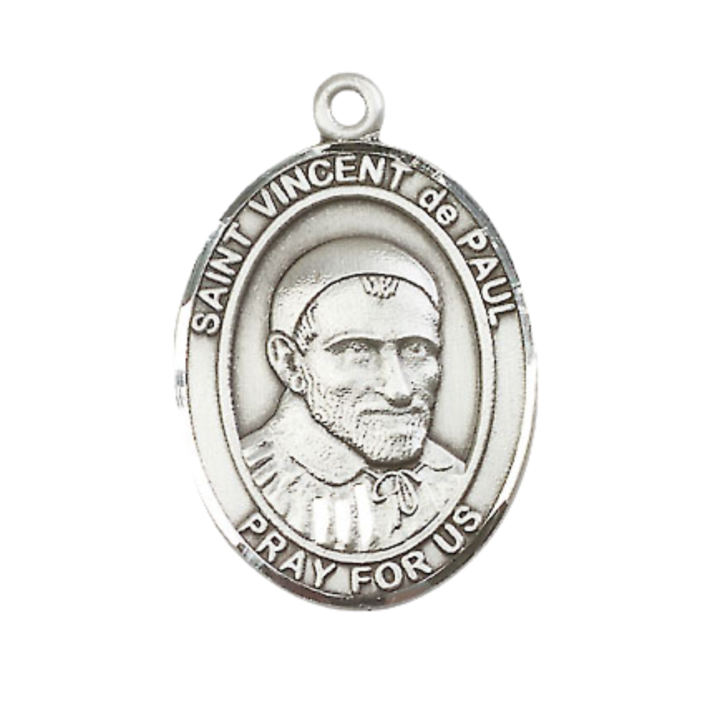 Everlasting Light Jewelry Women's Pewter Patron Saint St. Vincent de Paul Medal Pendant with 18 Inch Rhodium Plated Lite Curb Brass Chain Catholic Religious Necklace - Made in USA, Deluxe Velvet Gift Box