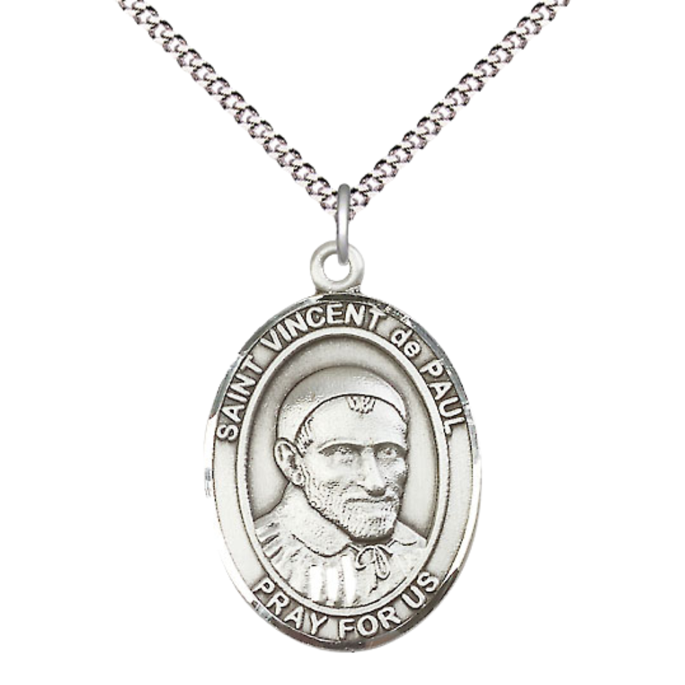 Everlasting Light Jewelry Women's Pewter Patron Saint St. Vincent de Paul Medal Pendant with 18 Inch Rhodium Plated Lite Curb Brass Chain Catholic Religious Necklace - Made in USA, Deluxe Velvet Gift Box