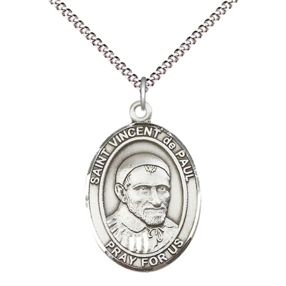 Everlasting Light Jewelry Women's Pewter Patron Saint St. Vincent de Paul Medal Pendant with 18 Inch Rhodium Plated Lite Curb Brass Chain Catholic Religious Necklace - Made in USA, Deluxe Velvet Gift Box