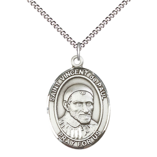 Everlasting Light Jewelry Women's Pewter Patron Saint St. Vincent de Paul Medal Pendant with 18 Inch Rhodium Plated Lite Curb Brass Chain Catholic Religious Necklace - Made in USA, Deluxe Velvet Gift Box