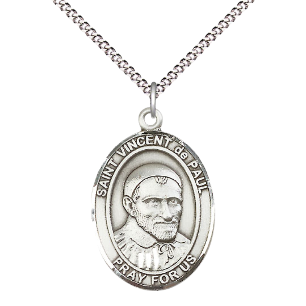 Women's .925 Sterling Silver Patron Saint St. Vincent de Paul Medal Pendant with 18 Inch Rhodium Plated Lite Curb Brass Chain Catholic Religious Necklace - Made in USA, Deluxe Velvet Gift Box