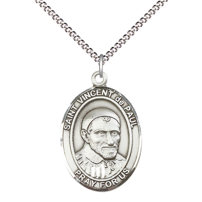 Women's .925 Sterling Silver Patron Saint St. Vincent de Paul Medal Pendant with 18 Inch Rhodium Plated Lite Curb Brass Chain Catholic Religious Necklace - Made in USA, Deluxe Velvet Gift Box