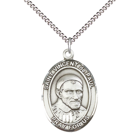 Women's .925 Sterling Silver Patron Saint St. Vincent de Paul Medal Pendant with 18 Inch Rhodium Plated Lite Curb Brass Chain Catholic Religious Necklace - Made in USA, Deluxe Velvet Gift Box
