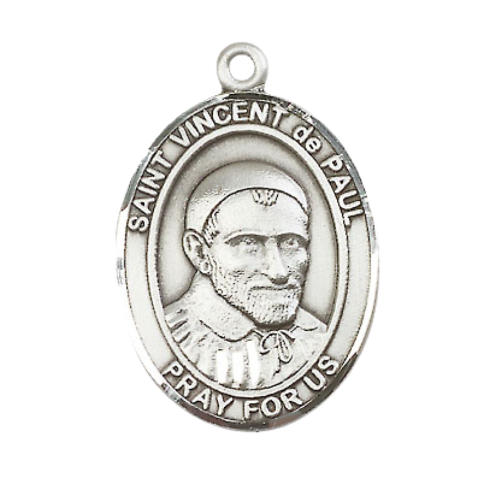 Mens Oval Pewter Saint St. Vincent de Paul Medal Pendant on 24 Inch Rhodium Plated Heavy Curb Brass Chain with Lobster Claw clasp, Catholic Religious Necklace - Made in USA - Deluxe Velvet Gift Box