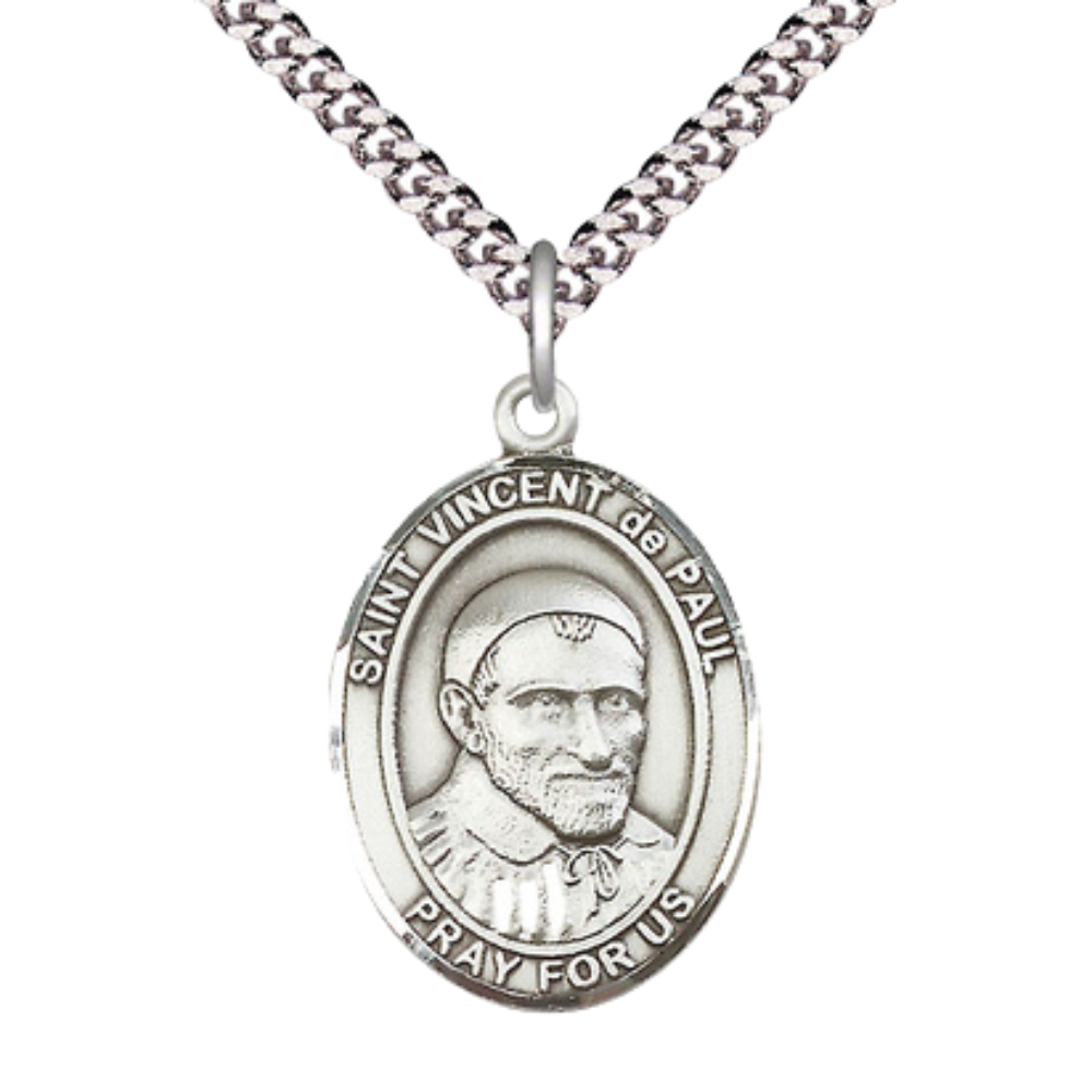 Mens Oval Pewter Saint St. Vincent de Paul Medal Pendant on 24 Inch Rhodium Plated Heavy Curb Brass Chain with Lobster Claw clasp, Catholic Religious Necklace - Made in USA - Deluxe Velvet Gift Box