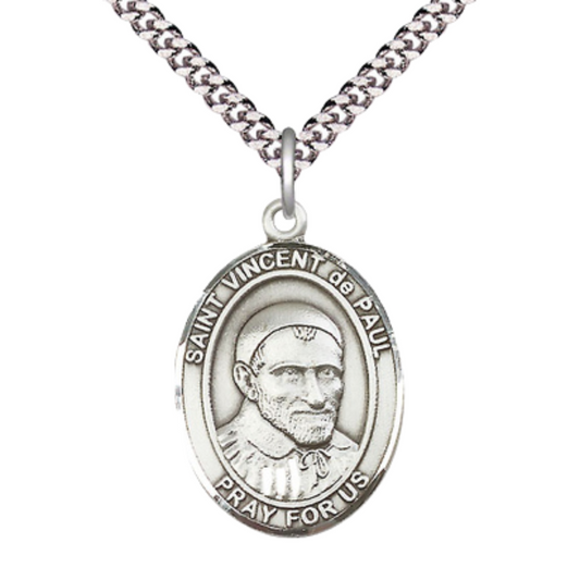 Saint St. Vincent de Paul Medal Necklace– Men's Pewter Pendant on 24 Inch Light Endless Rhodium Plated Chain – Catholic Patron Saint St. of Charities & Caregivers – Velvet Gift Box Included
