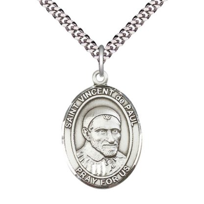 Saint St. Vincent de Paul Medal Necklace– Men's .925 Sterling Silver Pendant on 24 Inch Light Rhodium Plated Heavy Curb Chain – Catholic Patron Saint St. of Charities & Caregivers – Velvet Gift Box Included