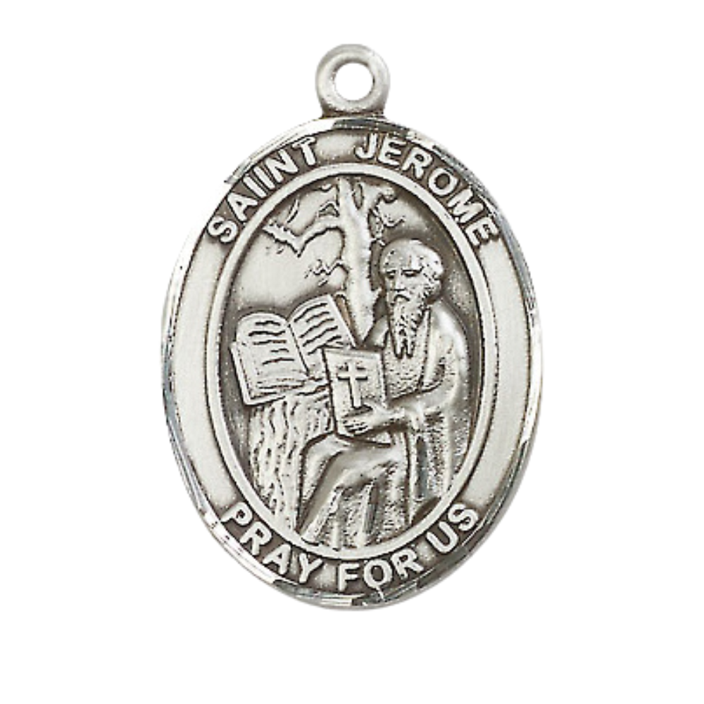 Women's .925 Sterling Silver Saint St. Jerome Medal Pendant on 18 Inch Rhodium Plated Lite Curb Brass Chain w/ Lobster Claw Clasp, Catholic Religious Necklace - Made in USA- Deluxe Velvet Gift Box