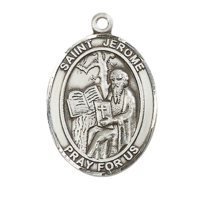 Women's .925 Sterling Silver Saint St. Jerome Medal Pendant on 18 Inch Rhodium Plated Lite Curb Brass Chain w/ Lobster Claw Clasp, Catholic Religious Necklace - Made in USA- Deluxe Velvet Gift Box