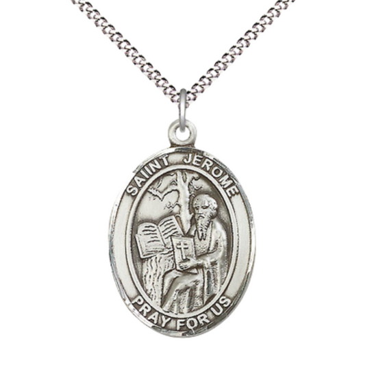 Women's .925 Sterling Silver Saint St. Jerome Medal Pendant on 18 Inch Rhodium Plated Lite Curb Brass Chain w/ Lobster Claw Clasp, Catholic Religious Necklace - Made in USA- Deluxe Velvet Gift Box