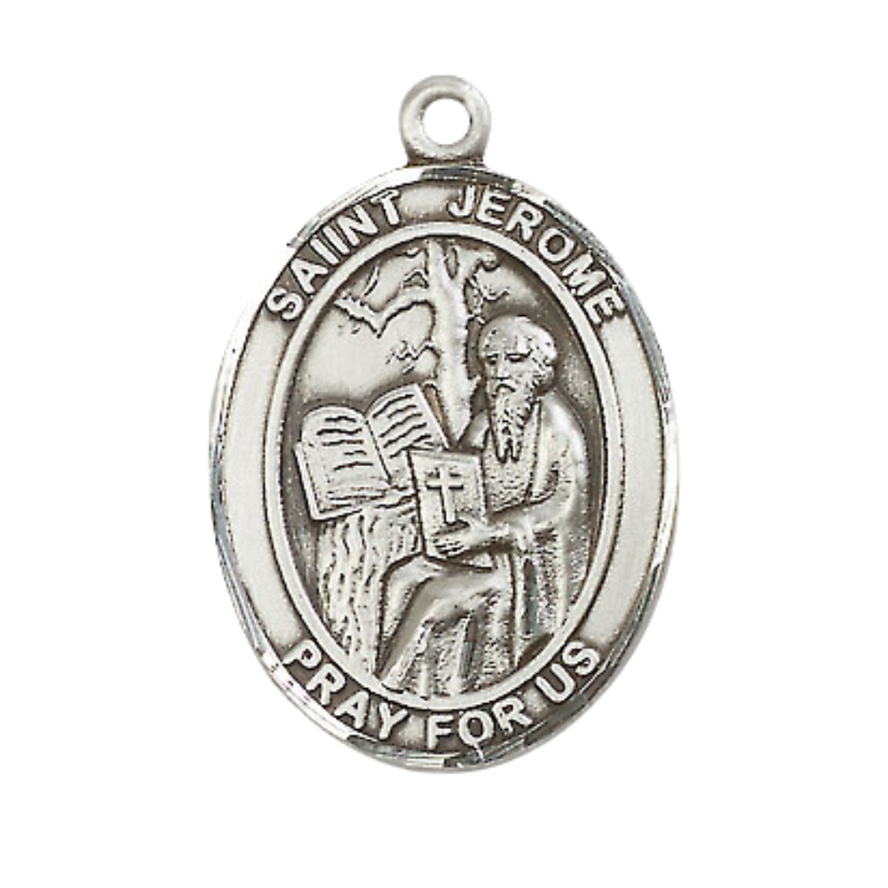 Saint Jerome Medal Necklace– Men's Pewter Pendant on 24” Light Endless Rhodium Plated Chain – Catholic Patron Saint of Libraries & Translators – Velvet Gift Box Included