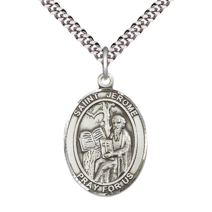 Saint St. Jerome Medal Necklace– Men's .925 Sterling Silver Pendant on 24 Inch Light Rhodium Plated Heavy Curb Chain – Catholic Patron Saint St. of Libraries & Translators – Velvet Gift Box Included