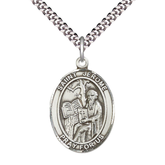 Saint St. Jerome Medal Necklace– Men's .925 Sterling Silver Pendant on 24 Inch Light Rhodium Plated Heavy Curb Chain – Catholic Patron Saint St. of Libraries & Translators – Velvet Gift Box Included