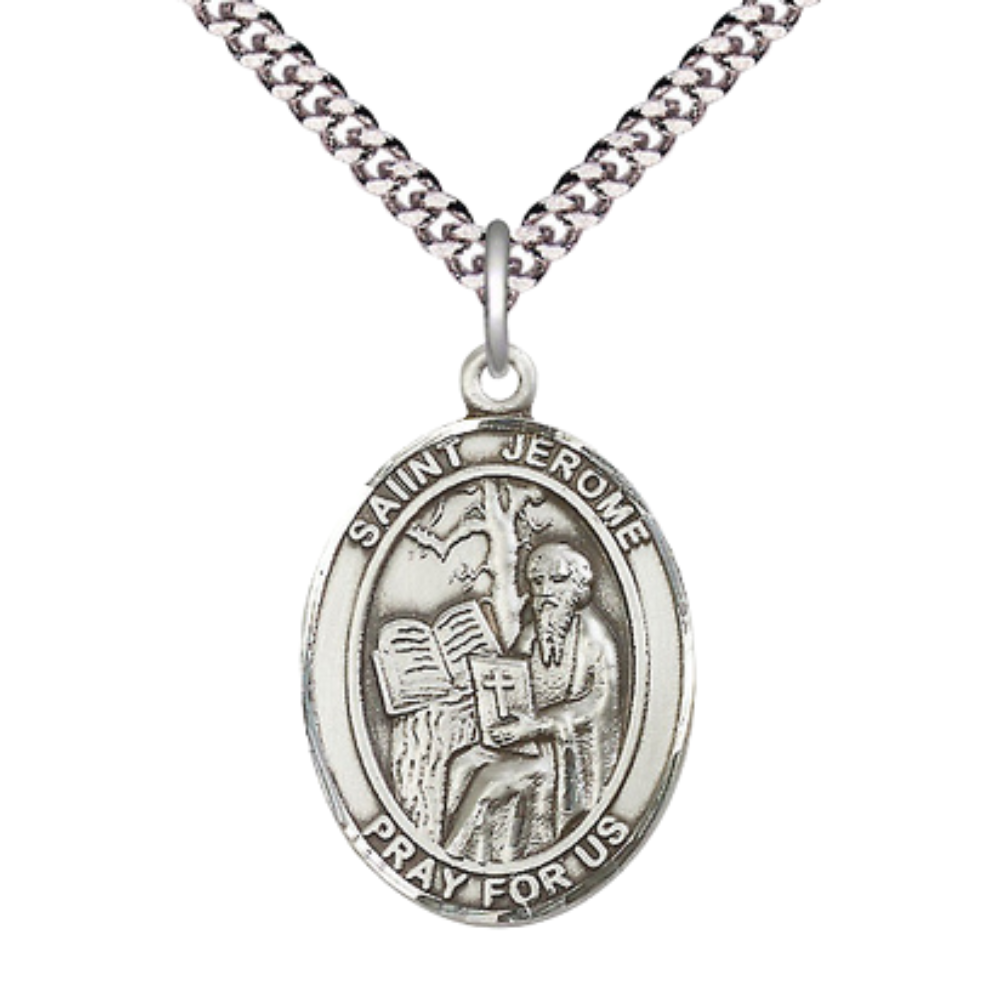 Saint Jerome Medal Necklace– Men's Pewter Pendant on 24” Light Endless Rhodium Plated Chain – Catholic Patron Saint of Libraries & Translators – Velvet Gift Box Included