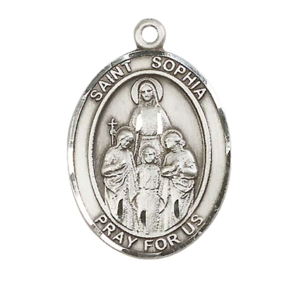 Women's Pewter Saint St. Sophia Medal Pendant on 18 Inch Rhodium Plated Lite Curb Brass Chain w/Lobster Claw Clasp, Catholic Religious Necklace - Made in USA- Deluxe Velvet Gift Box