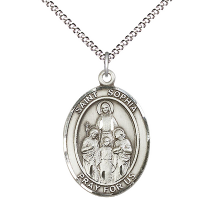 Women's Pewter Saint St. Sophia Medal Pendant on 18 Inch Rhodium Plated Lite Curb Brass Chain w/Lobster Claw Clasp, Catholic Religious Necklace - Made in USA- Deluxe Velvet Gift Box